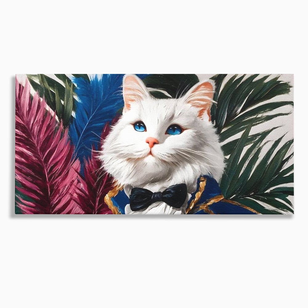 Tablou Canvas Premium, LuxCanva® M1201, Majestatea Pufului, Pisica, Papion, Elegant, Costum, Felina, Frunze, Nobil, Planta, Fashion, Imperial, Baron, Birou, Living, Camera Copil