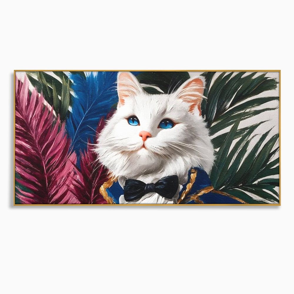 Tablou Canvas Premium, LuxCanva® M1201, Majestatea Pufului, Pisica, Papion, Elegant, Costum, Felina, Frunze, Nobil, Planta, Fashion, Imperial, Baron, Birou, Living, Camera Copil