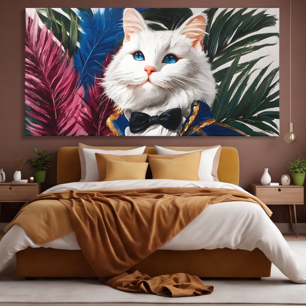 Tablou Canvas Premium, LuxCanva® M1201, Majestatea Pufului, Pisica, Papion, Elegant, Costum, Felina, Frunze, Nobil, Planta, Fashion, Imperial, Baron, Birou, Living, Camera Copil
