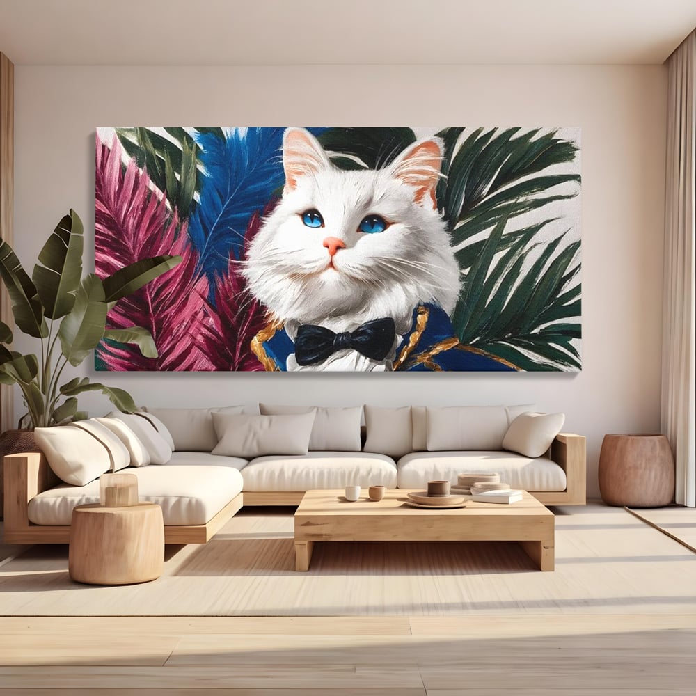 Tablou Canvas Premium, LuxCanva® M1201, Majestatea Pufului, Pisica, Papion, Elegant, Costum, Felina, Frunze, Nobil, Planta, Fashion, Imperial, Baron, Birou, Living, Camera Copil