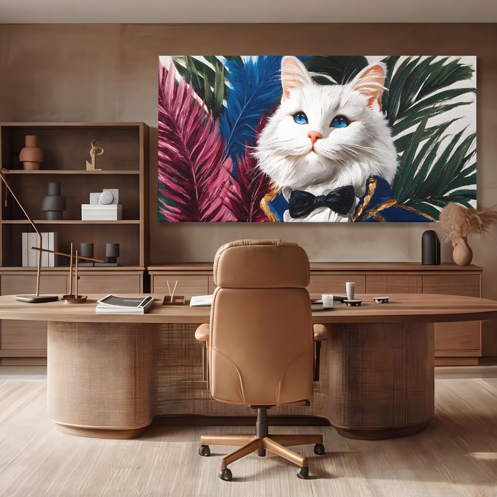 Tablou Canvas Premium, LuxCanva® M1201, Majestatea Pufului, Pisica, Papion, Elegant, Costum, Felina, Frunze, Nobil, Planta, Fashion, Imperial, Baron, Birou, Living, Camera Copil