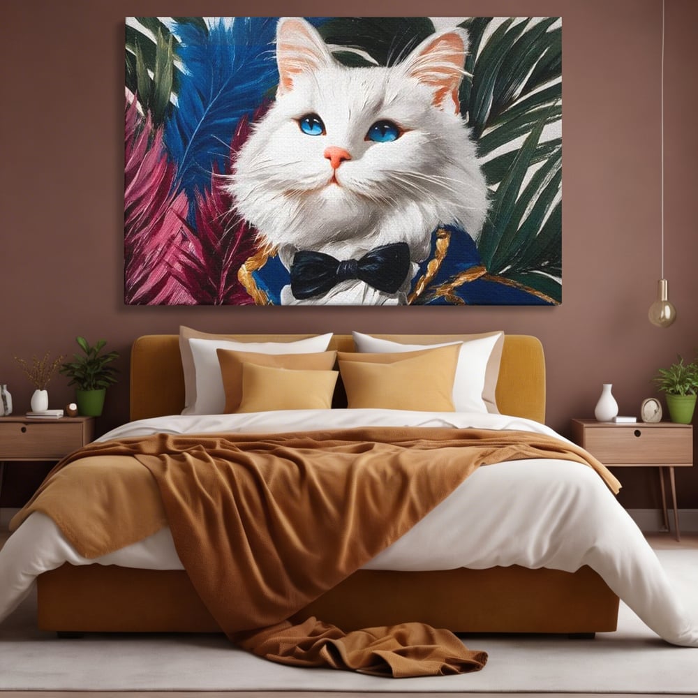 Tablou Canvas Premium, LuxCanva® M1201, Majestatea Pufului, Pisica, Papion, Elegant, Costum, Felina, Frunze, Nobil, Planta, Fashion, Imperial, Baron, Birou, Living, Camera Copil
