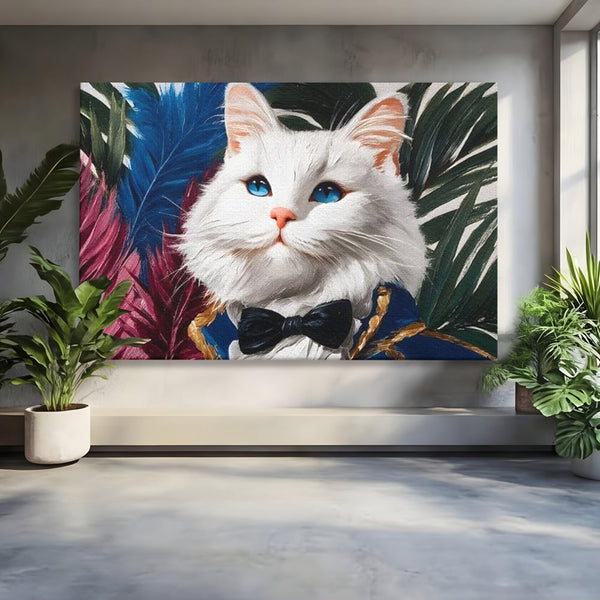 Tablou Canvas Premium, LuxCanva® M1201, Majestatea Pufului, Pisica, Papion, Elegant, Costum, Felina, Frunze, Nobil, Planta, Fashion, Imperial, Baron, Birou, Living, Camera Copil