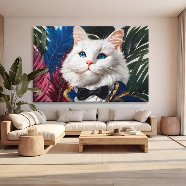 Tablou Canvas Premium, LuxCanva® M1201, Majestatea Pufului, Pisica, Papion, Elegant, Costum, Felina, Frunze, Nobil, Planta, Fashion, Imperial, Baron, Birou, Living, Camera Copil