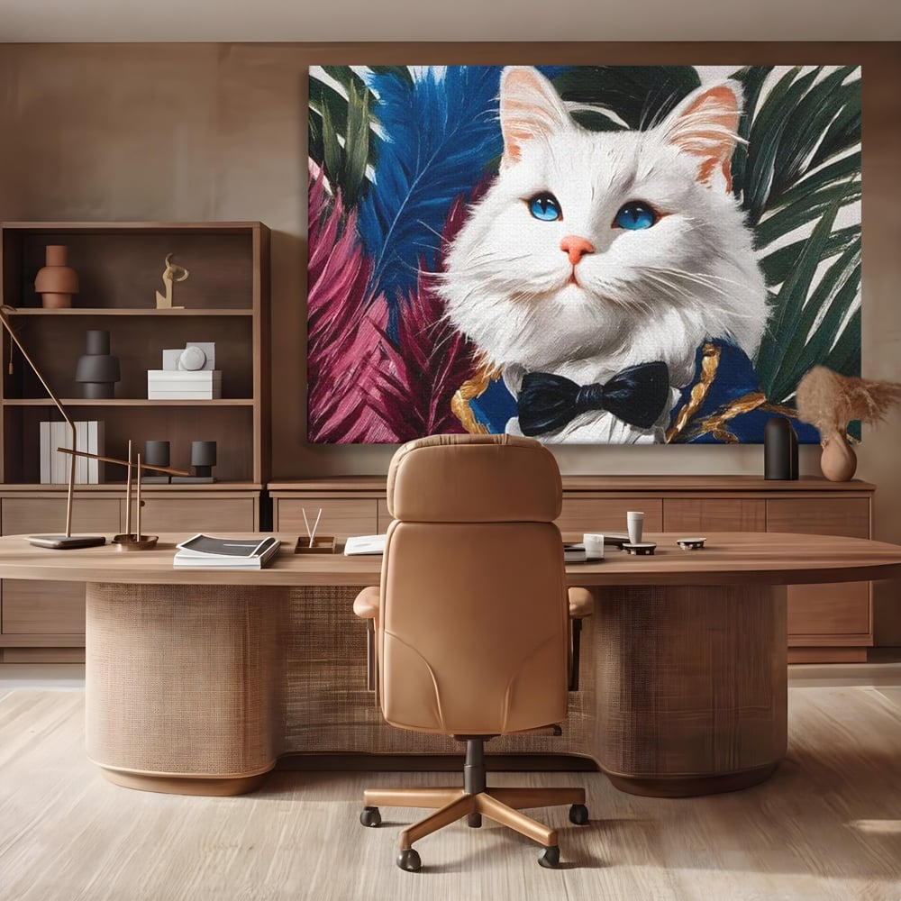 Tablou Canvas Premium, LuxCanva® M1201, Majestatea Pufului, Pisica, Papion, Elegant, Costum, Felina, Frunze, Nobil, Planta, Fashion, Imperial, Baron, Birou, Living, Camera Copil