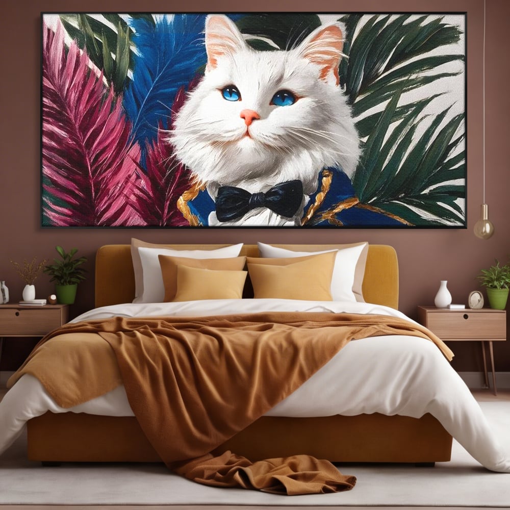 Tablou Canvas Premium, LuxCanva® M1201, Majestatea Pufului, Pisica, Papion, Elegant, Costum, Felina, Frunze, Nobil, Planta, Fashion, Imperial, Baron, Birou, Living, Camera Copil