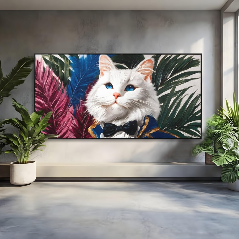 Tablou Canvas Premium, LuxCanva® M1201, Majestatea Pufului, Pisica, Papion, Elegant, Costum, Felina, Frunze, Nobil, Planta, Fashion, Imperial, Baron, Birou, Living, Camera Copil