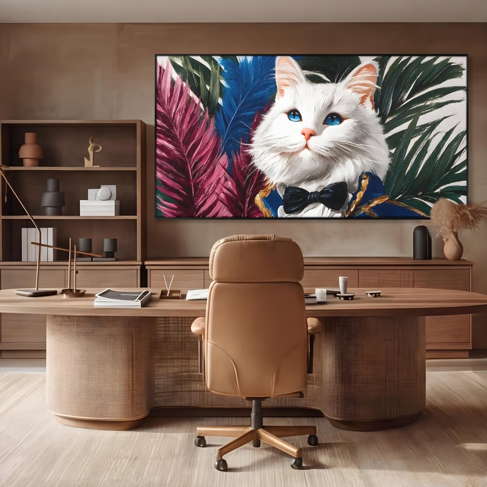 Tablou Canvas Premium, LuxCanva® M1201, Majestatea Pufului, Pisica, Papion, Elegant, Costum, Felina, Frunze, Nobil, Planta, Fashion, Imperial, Baron, Birou, Living, Camera Copil