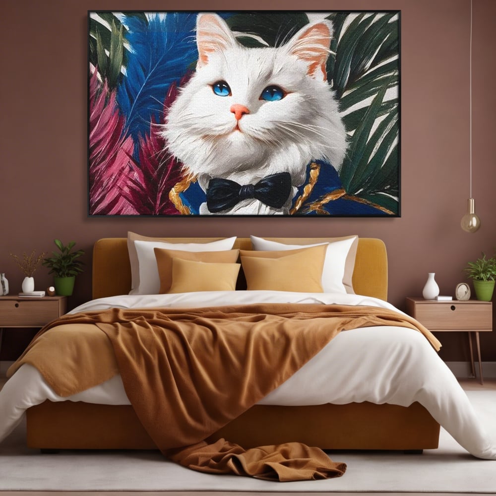 Tablou Canvas Premium, LuxCanva® M1201, Majestatea Pufului, Pisica, Papion, Elegant, Costum, Felina, Frunze, Nobil, Planta, Fashion, Imperial, Baron, Birou, Living, Camera Copil