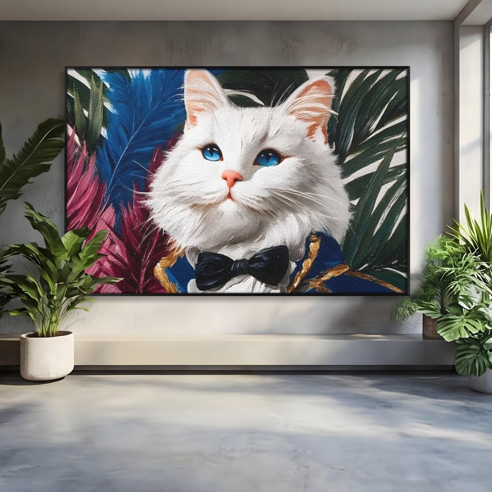 Tablou Canvas Premium, LuxCanva® M1201, Majestatea Pufului, Pisica, Papion, Elegant, Costum, Felina, Frunze, Nobil, Planta, Fashion, Imperial, Baron, Birou, Living, Camera Copil