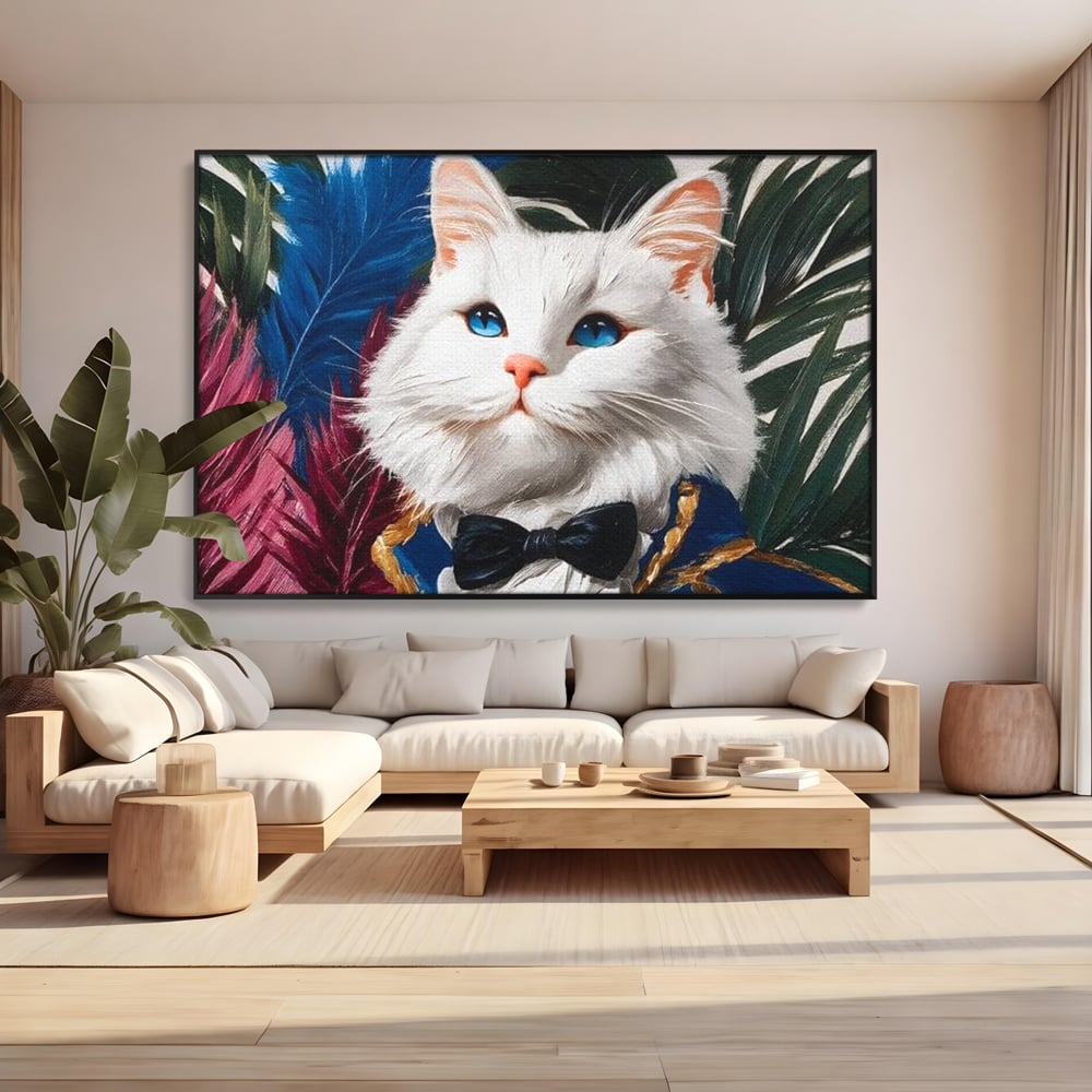 Tablou Canvas Premium, LuxCanva® M1201, Majestatea Pufului, Pisica, Papion, Elegant, Costum, Felina, Frunze, Nobil, Planta, Fashion, Imperial, Baron, Birou, Living, Camera Copil
