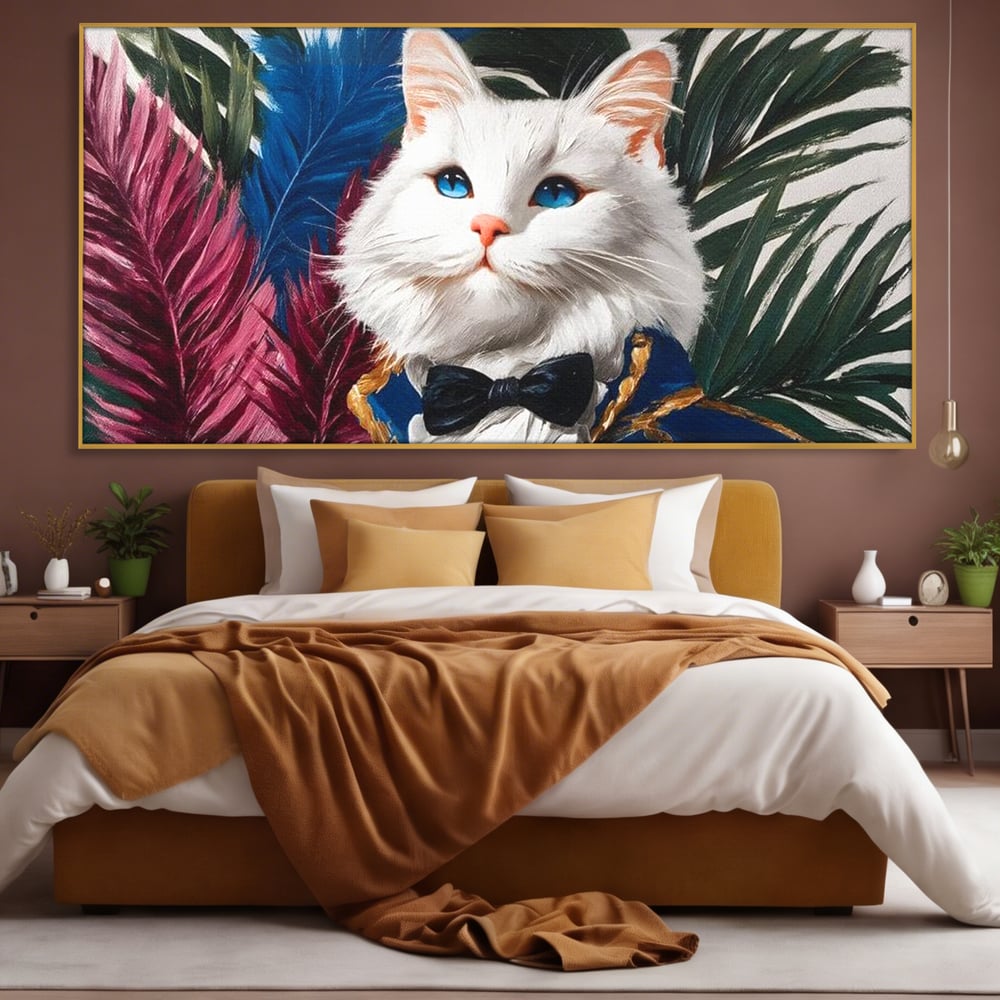 Tablou Canvas Premium, LuxCanva® M1201, Majestatea Pufului, Pisica, Papion, Elegant, Costum, Felina, Frunze, Nobil, Planta, Fashion, Imperial, Baron, Birou, Living, Camera Copil