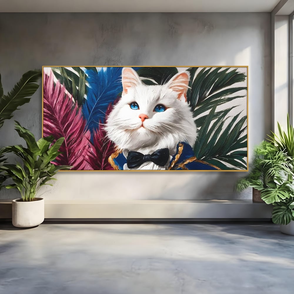 Tablou Canvas Premium, LuxCanva® M1201, Majestatea Pufului, Pisica, Papion, Elegant, Costum, Felina, Frunze, Nobil, Planta, Fashion, Imperial, Baron, Birou, Living, Camera Copil