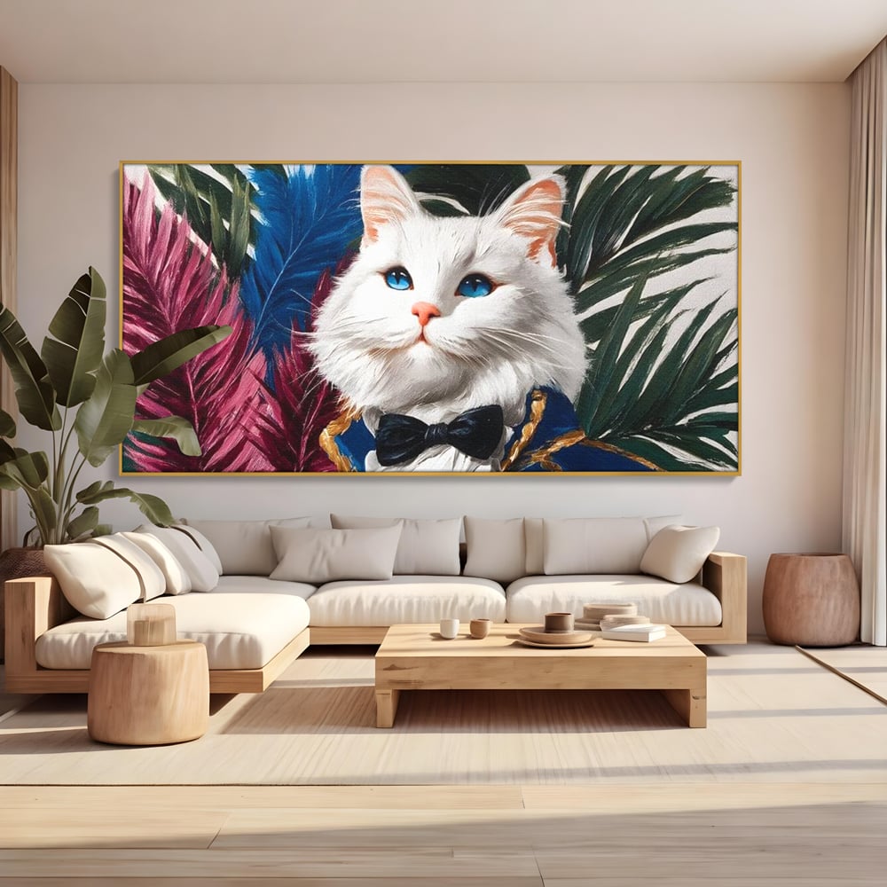 Tablou Canvas Premium, LuxCanva® M1201, Majestatea Pufului, Pisica, Papion, Elegant, Costum, Felina, Frunze, Nobil, Planta, Fashion, Imperial, Baron, Birou, Living, Camera Copil