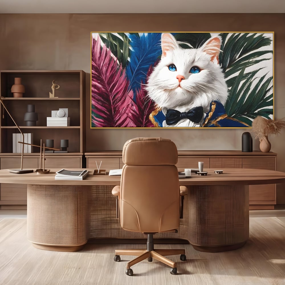 Tablou Canvas Premium, LuxCanva® M1201, Majestatea Pufului, Pisica, Papion, Elegant, Costum, Felina, Frunze, Nobil, Planta, Fashion, Imperial, Baron, Birou, Living, Camera Copil