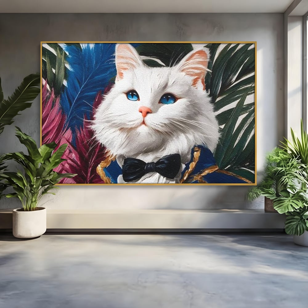 Tablou Canvas Premium, LuxCanva® M1201, Majestatea Pufului, Pisica, Papion, Elegant, Costum, Felina, Frunze, Nobil, Planta, Fashion, Imperial, Baron, Birou, Living, Camera Copil
