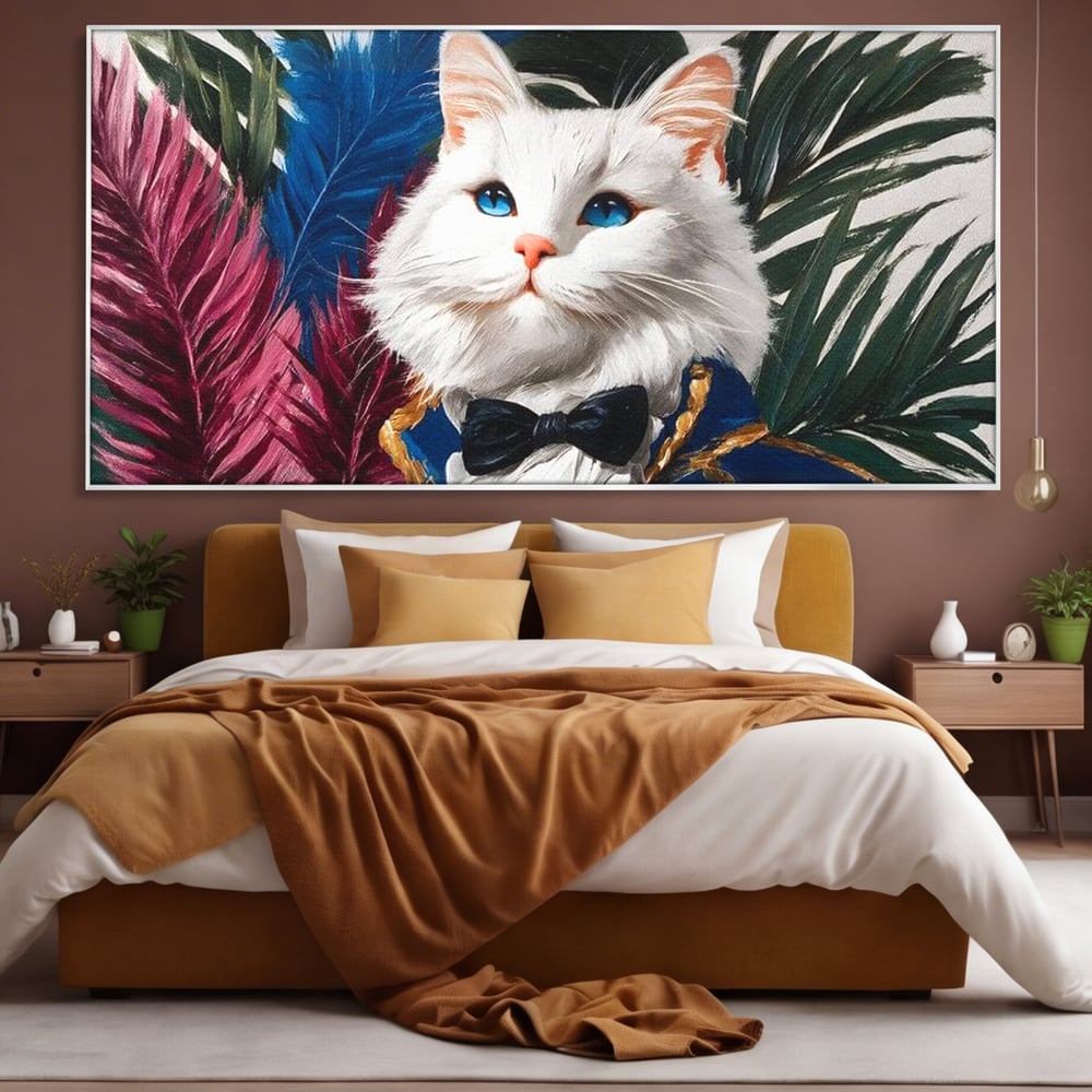 Tablou Canvas Premium, LuxCanva® M1201, Majestatea Pufului, Pisica, Papion, Elegant, Costum, Felina, Frunze, Nobil, Planta, Fashion, Imperial, Baron, Birou, Living, Camera Copil