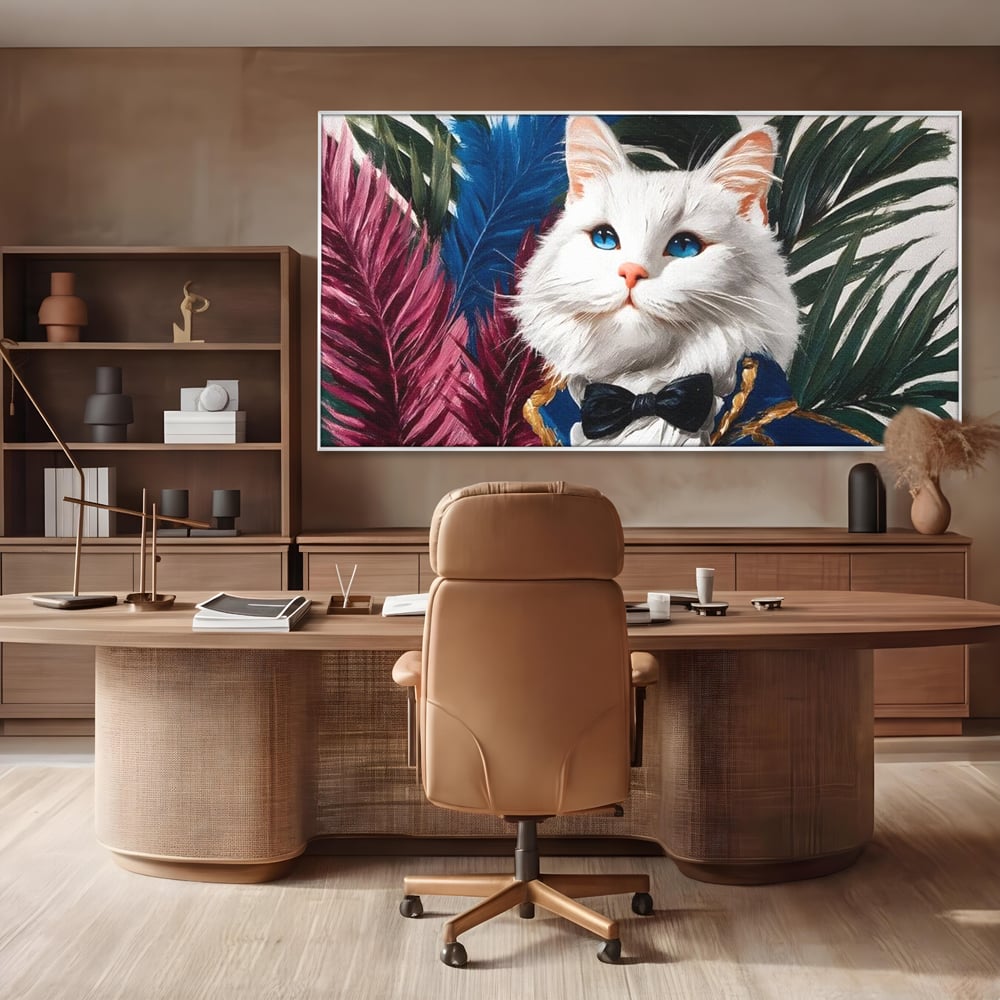 Tablou Canvas Premium, LuxCanva® M1201, Majestatea Pufului, Pisica, Papion, Elegant, Costum, Felina, Frunze, Nobil, Planta, Fashion, Imperial, Baron, Birou, Living, Camera Copil