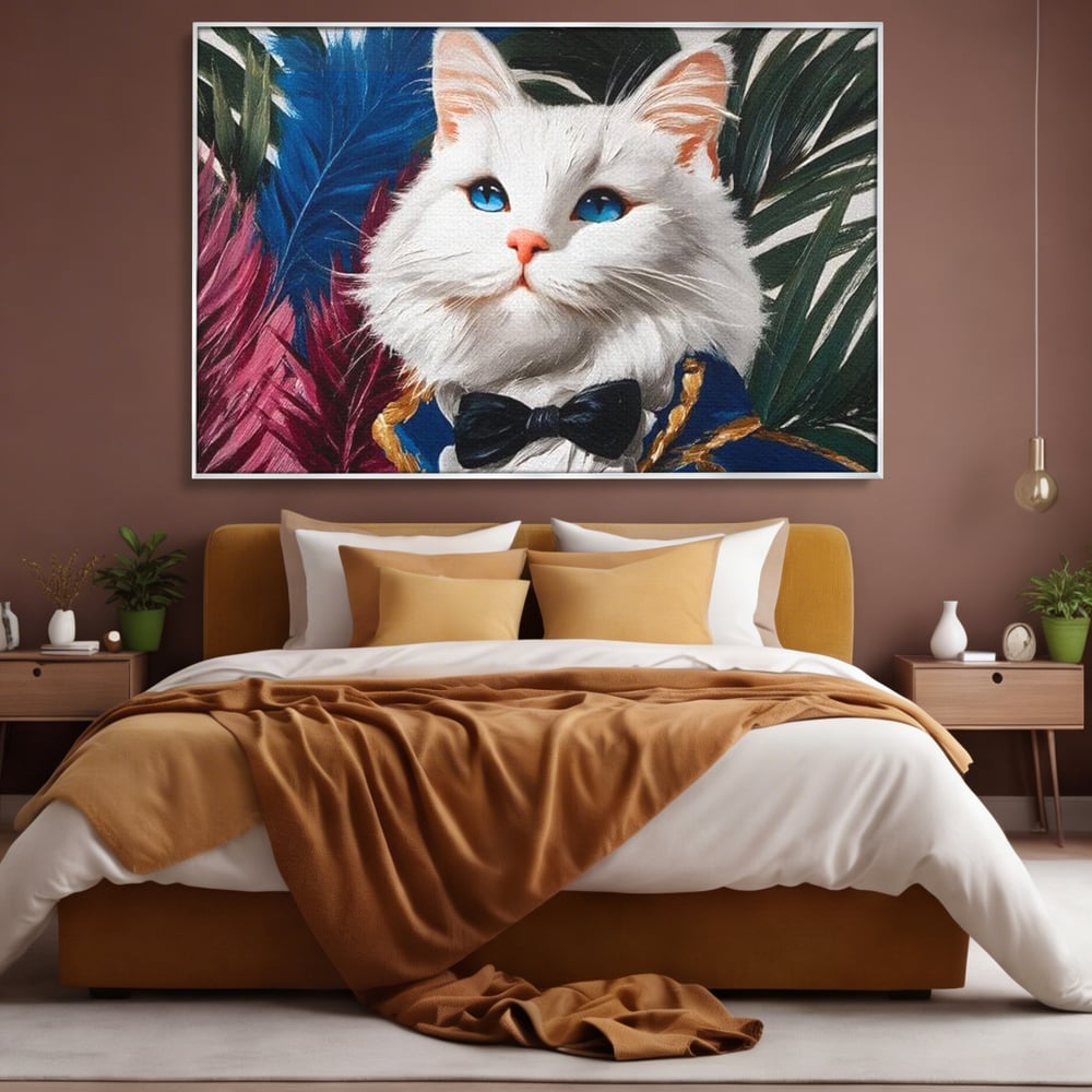 Tablou Canvas Premium, LuxCanva® M1201, Majestatea Pufului, Pisica, Papion, Elegant, Costum, Felina, Frunze, Nobil, Planta, Fashion, Imperial, Baron, Birou, Living, Camera Copil