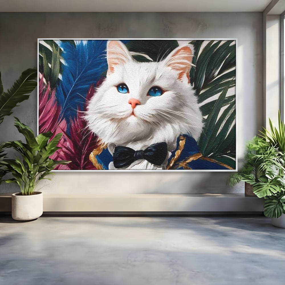 Tablou Canvas Premium, LuxCanva® M1201, Majestatea Pufului, Pisica, Papion, Elegant, Costum, Felina, Frunze, Nobil, Planta, Fashion, Imperial, Baron, Birou, Living, Camera Copil