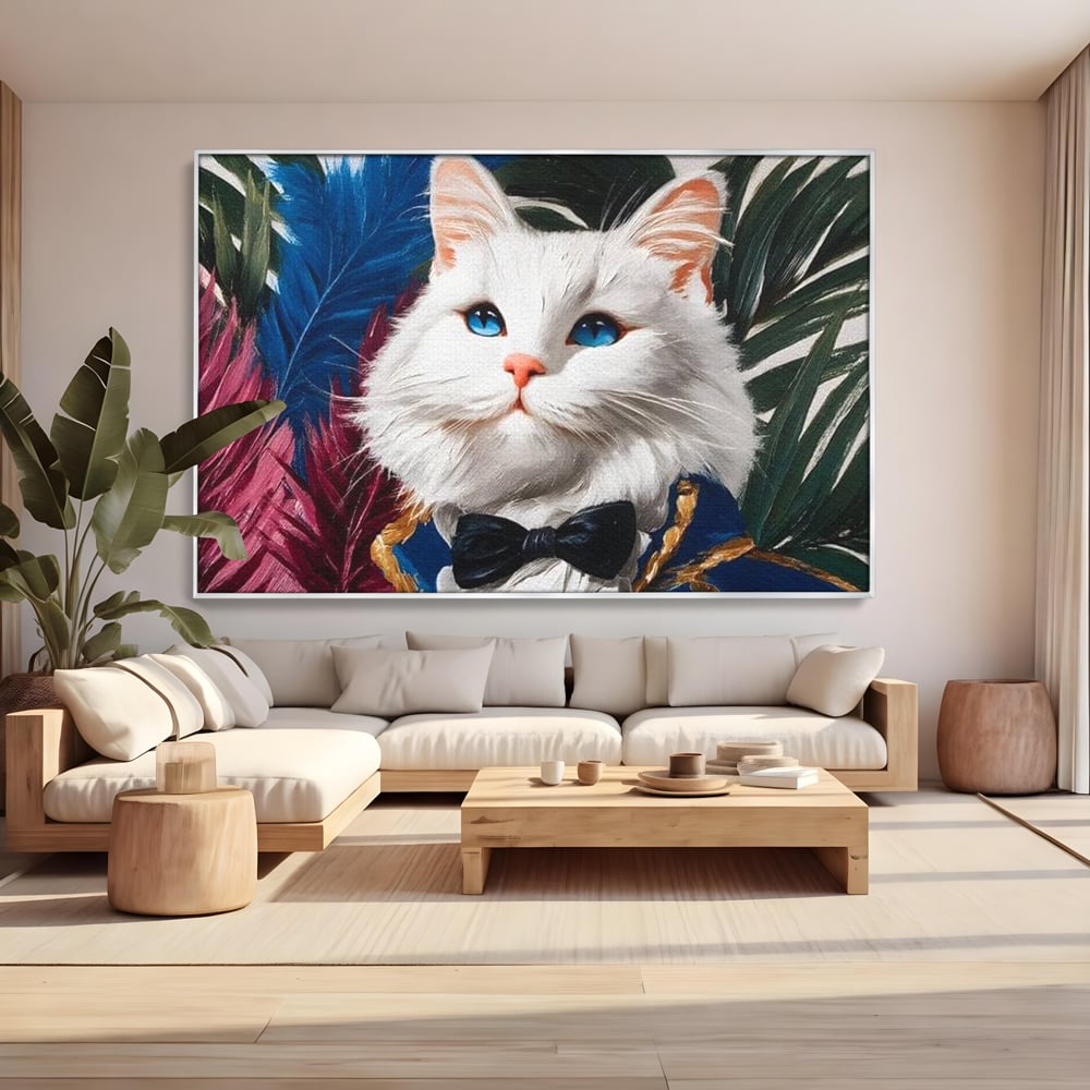 Tablou Canvas Premium, LuxCanva® M1201, Majestatea Pufului, Pisica, Papion, Elegant, Costum, Felina, Frunze, Nobil, Planta, Fashion, Imperial, Baron, Birou, Living, Camera Copil