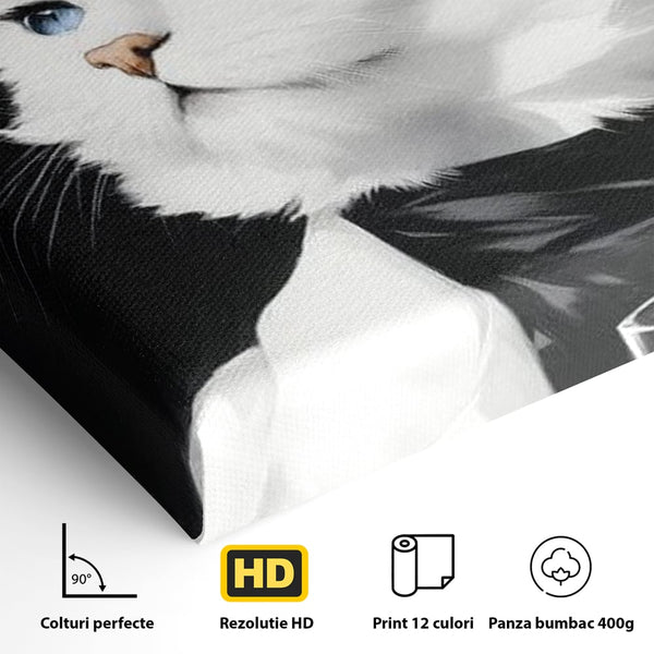 Tablou Canvas Premium, LuxCanva® M1202, Sampanie si Carisma,Palarie, Pene, Pahar, Sampanie, Pisica, Lux, Elegant, Felina, Aristocrat, Fashion, Diva, Glamour, Birou, Living, Camera Copil