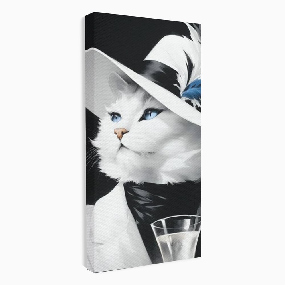 Tablou Canvas Premium, LuxCanva® M1202, Sampanie si Carisma,Palarie, Pene, Pahar, Sampanie, Pisica, Lux, Elegant, Felina, Aristocrat, Fashion, Diva, Glamour, Birou, Living, Camera Copil