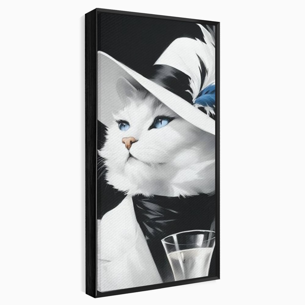 Tablou Canvas Premium, LuxCanva® M1202, Sampanie si Carisma,Palarie, Pene, Pahar, Sampanie, Pisica, Lux, Elegant, Felina, Aristocrat, Fashion, Diva, Glamour, Birou, Living, Camera Copil