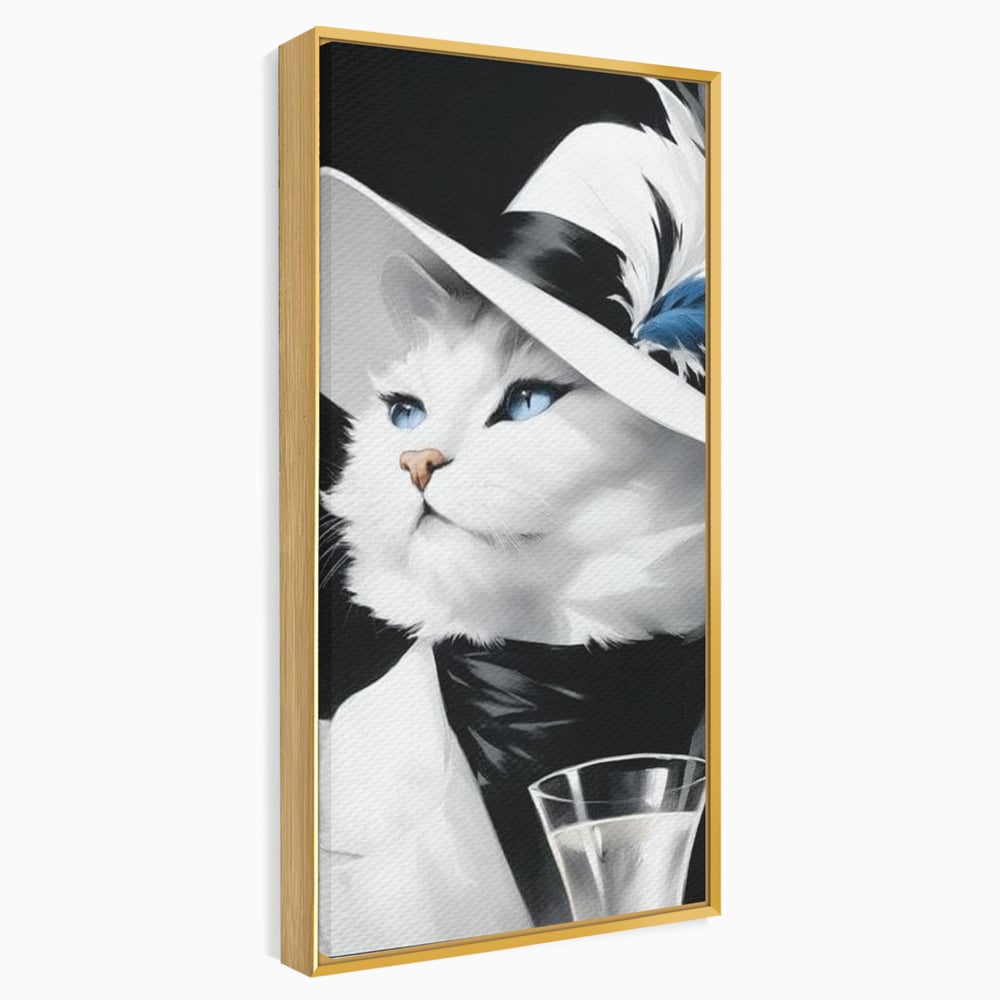 Tablou Canvas Premium, LuxCanva® M1202, Sampanie si Carisma,Palarie, Pene, Pahar, Sampanie, Pisica, Lux, Elegant, Felina, Aristocrat, Fashion, Diva, Glamour, Birou, Living, Camera Copil