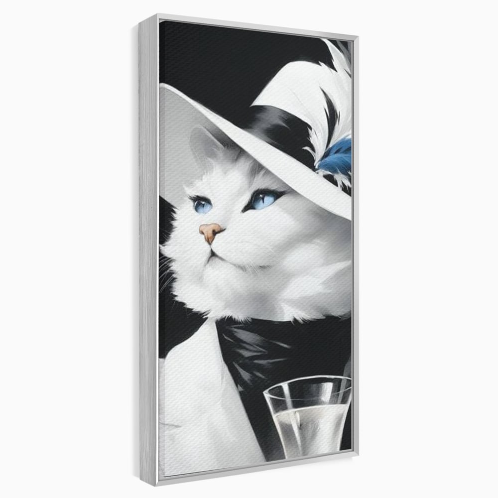 Tablou Canvas Premium, LuxCanva® M1202, Sampanie si Carisma,Palarie, Pene, Pahar, Sampanie, Pisica, Lux, Elegant, Felina, Aristocrat, Fashion, Diva, Glamour, Birou, Living, Camera Copil