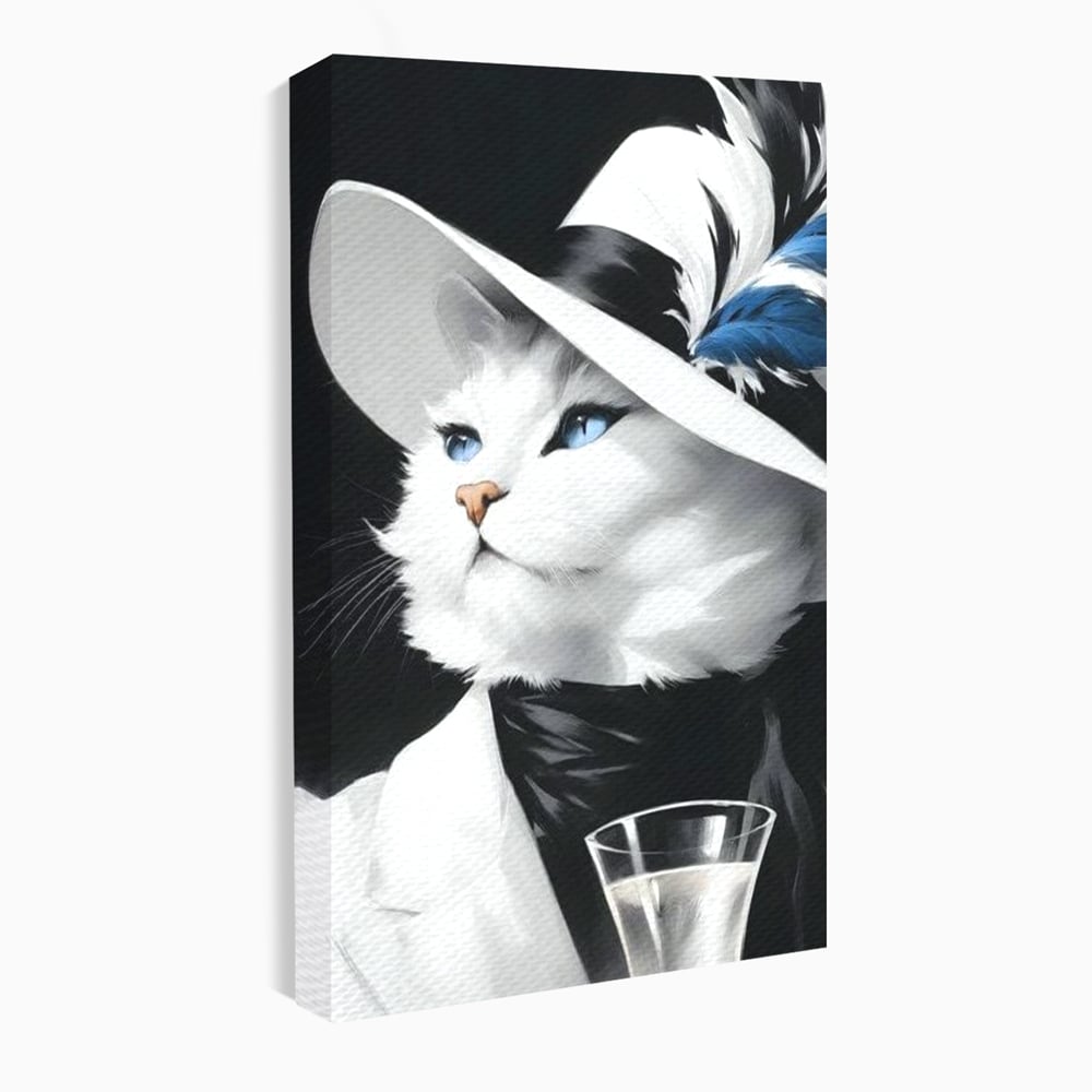 Tablou Canvas Premium, LuxCanva® M1202, Sampanie si Carisma,Palarie, Pene, Pahar, Sampanie, Pisica, Lux, Elegant, Felina, Aristocrat, Fashion, Diva, Glamour, Birou, Living, Camera Copil