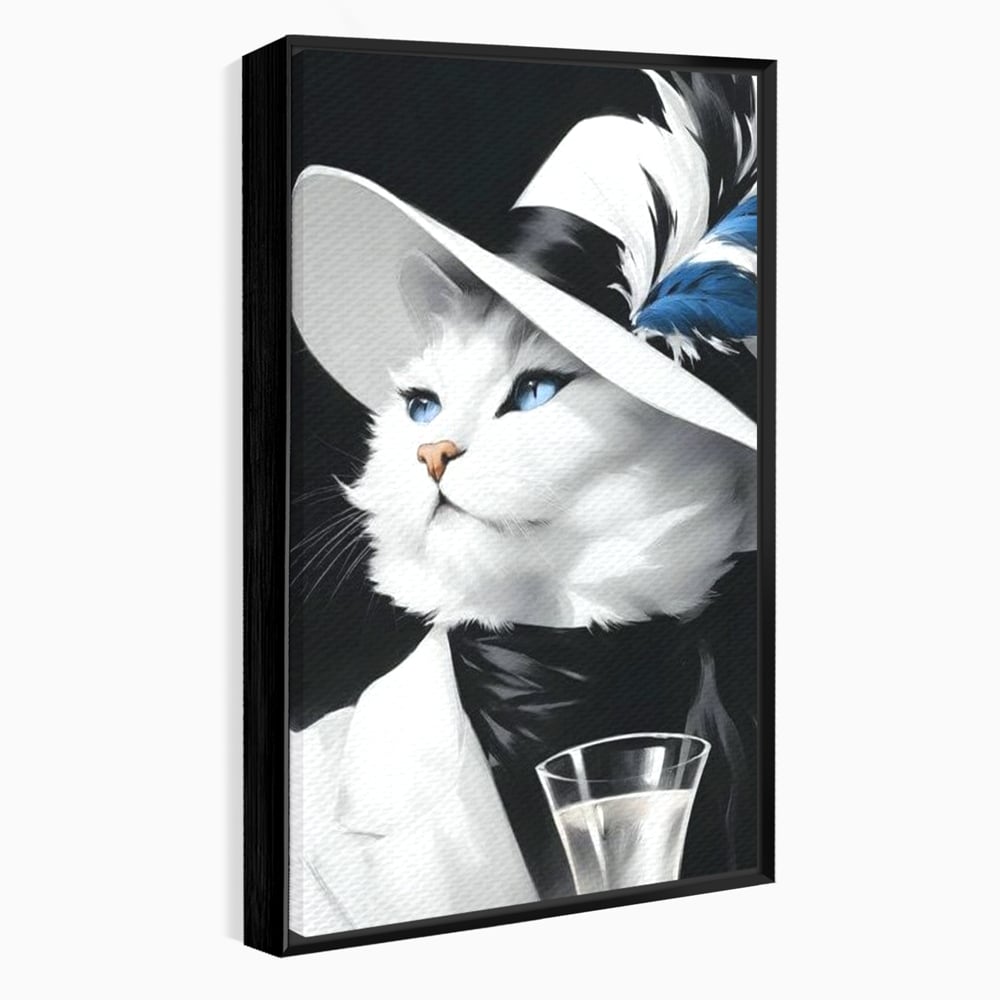 Tablou Canvas Premium, LuxCanva® M1202, Sampanie si Carisma,Palarie, Pene, Pahar, Sampanie, Pisica, Lux, Elegant, Felina, Aristocrat, Fashion, Diva, Glamour, Birou, Living, Camera Copil