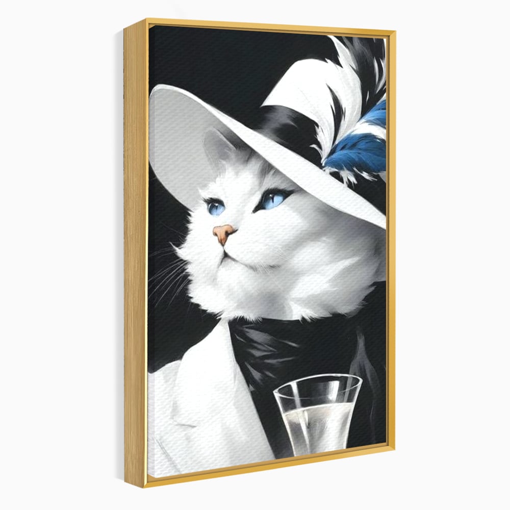 Tablou Canvas Premium, LuxCanva® M1202, Sampanie si Carisma,Palarie, Pene, Pahar, Sampanie, Pisica, Lux, Elegant, Felina, Aristocrat, Fashion, Diva, Glamour, Birou, Living, Camera Copil