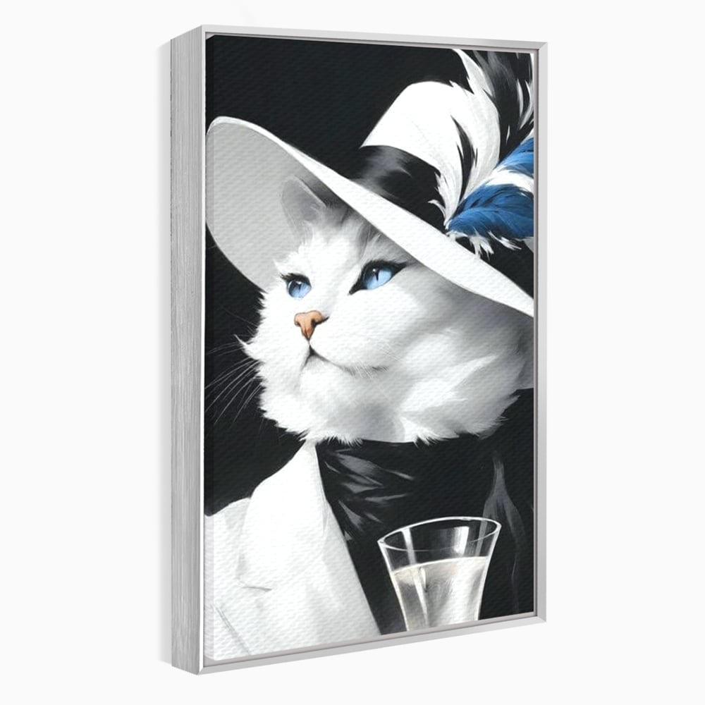 Tablou Canvas Premium, LuxCanva® M1202, Sampanie si Carisma,Palarie, Pene, Pahar, Sampanie, Pisica, Lux, Elegant, Felina, Aristocrat, Fashion, Diva, Glamour, Birou, Living, Camera Copil