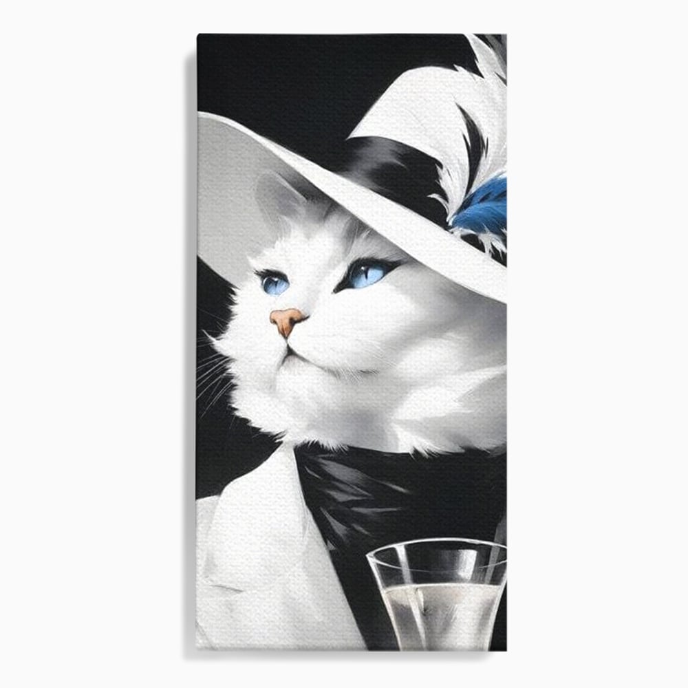 Tablou Canvas Premium, LuxCanva® M1202, Sampanie si Carisma,Palarie, Pene, Pahar, Sampanie, Pisica, Lux, Elegant, Felina, Aristocrat, Fashion, Diva, Glamour, Birou, Living, Camera Copil