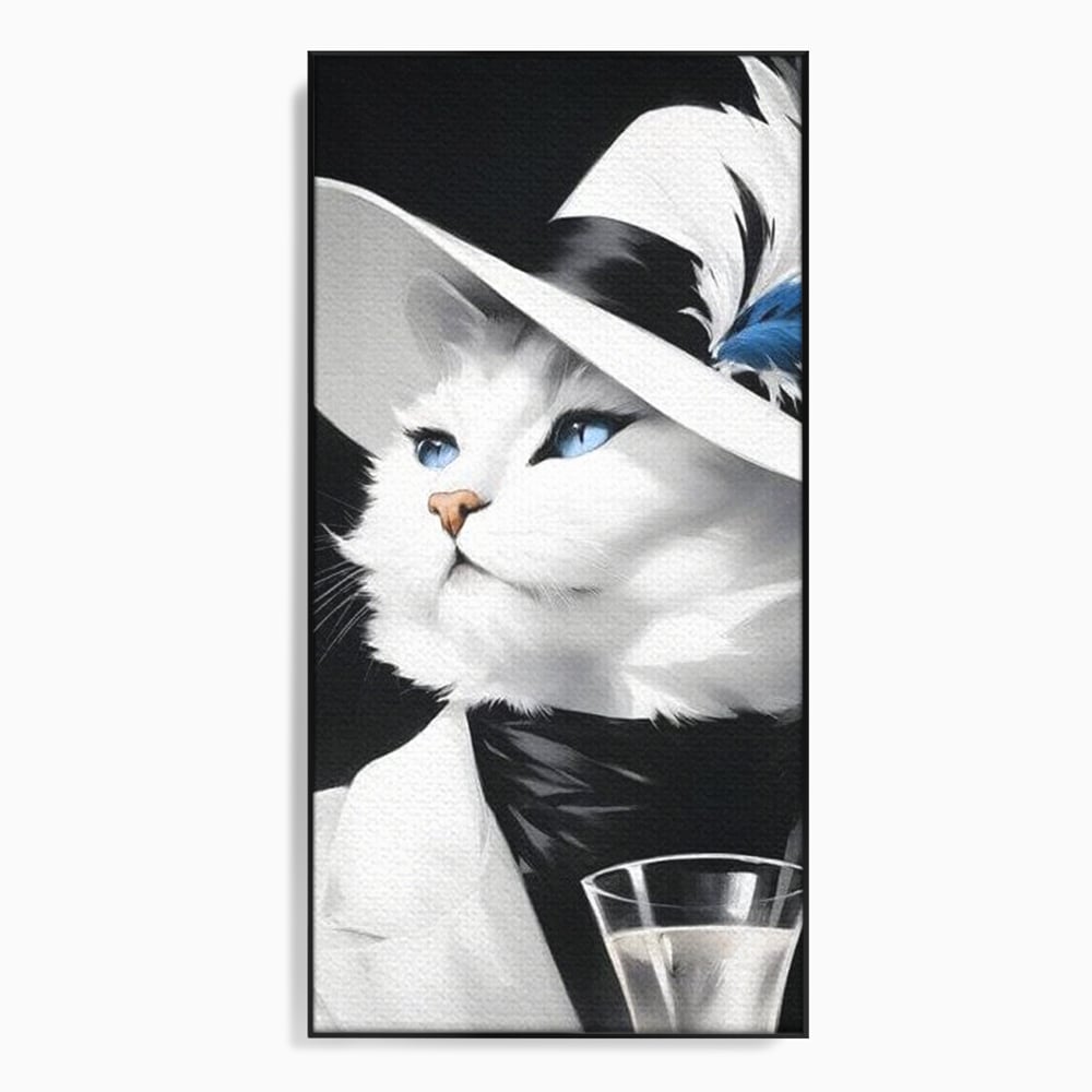 Tablou Canvas Premium, LuxCanva® M1202, Sampanie si Carisma,Palarie, Pene, Pahar, Sampanie, Pisica, Lux, Elegant, Felina, Aristocrat, Fashion, Diva, Glamour, Birou, Living, Camera Copil