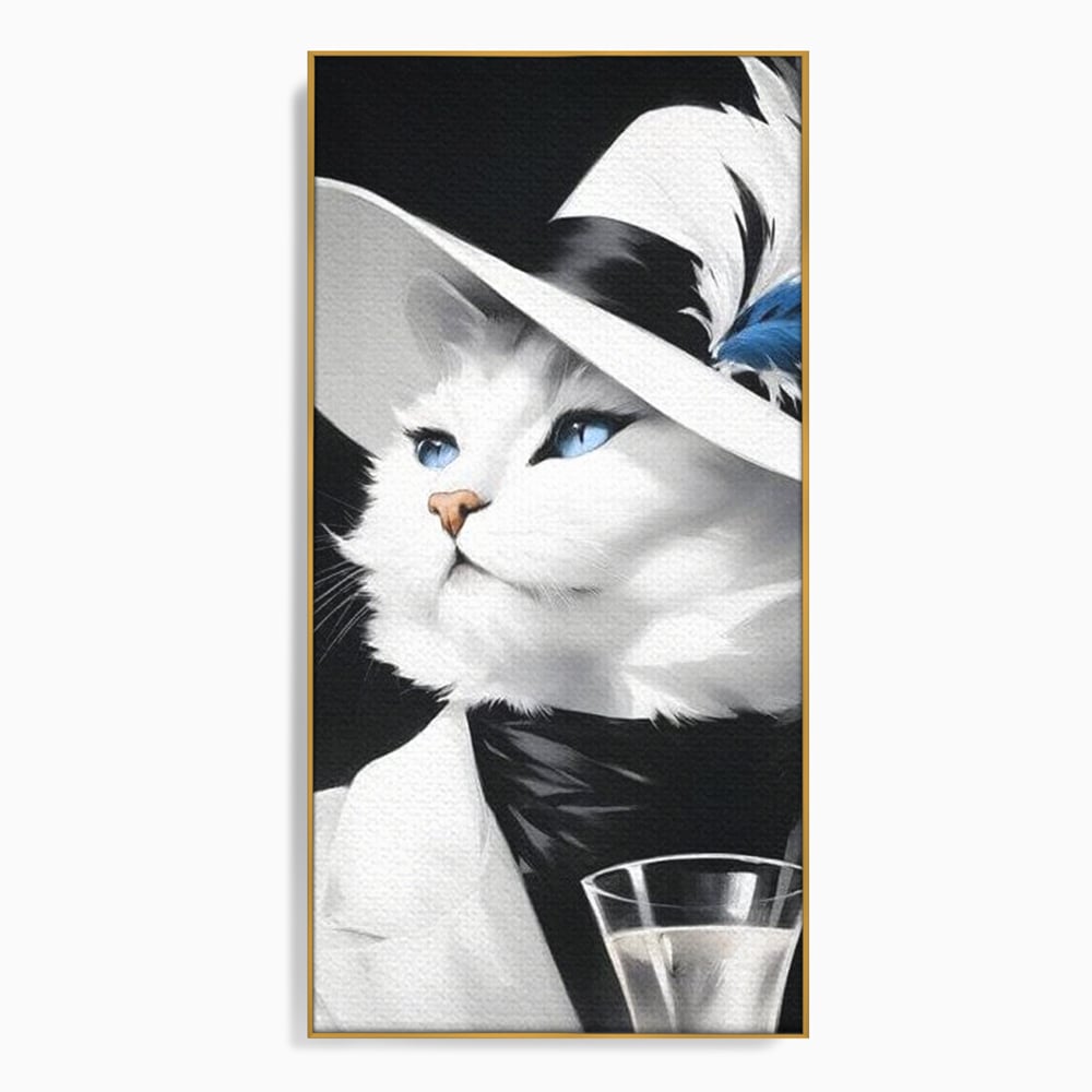 Tablou Canvas Premium, LuxCanva® M1202, Sampanie si Carisma,Palarie, Pene, Pahar, Sampanie, Pisica, Lux, Elegant, Felina, Aristocrat, Fashion, Diva, Glamour, Birou, Living, Camera Copil