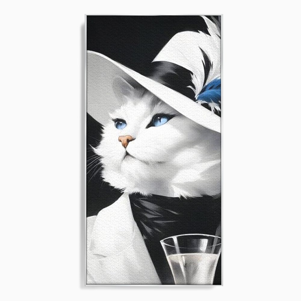 Tablou Canvas Premium, LuxCanva® M1202, Sampanie si Carisma,Palarie, Pene, Pahar, Sampanie, Pisica, Lux, Elegant, Felina, Aristocrat, Fashion, Diva, Glamour, Birou, Living, Camera Copil