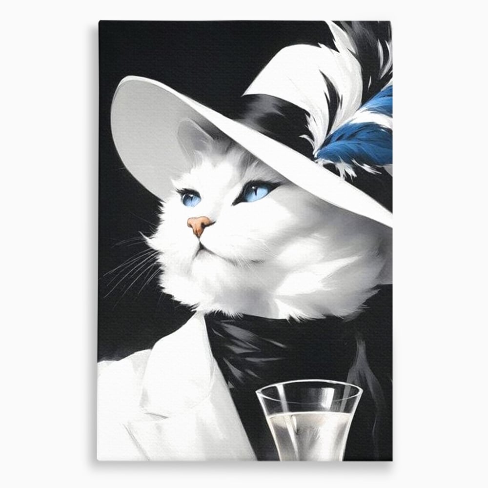 Tablou Canvas Premium, LuxCanva® M1202, Sampanie si Carisma,Palarie, Pene, Pahar, Sampanie, Pisica, Lux, Elegant, Felina, Aristocrat, Fashion, Diva, Glamour, Birou, Living, Camera Copil