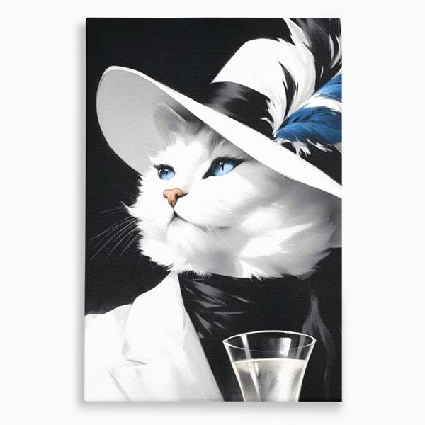 Tablou Canvas Premium, LuxCanva® M1202, Sampanie si Carisma,Palarie, Pene, Pahar, Sampanie, Pisica, Lux, Elegant, Felina, Aristocrat, Fashion, Diva, Glamour, Birou, Living, Camera Copil
