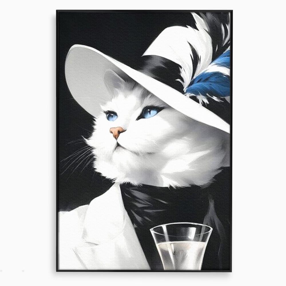 Tablou Canvas Premium, LuxCanva® M1202, Sampanie si Carisma,Palarie, Pene, Pahar, Sampanie, Pisica, Lux, Elegant, Felina, Aristocrat, Fashion, Diva, Glamour, Birou, Living, Camera Copil