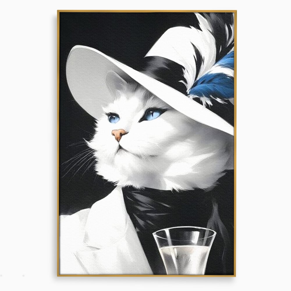 Tablou Canvas Premium, LuxCanva® M1202, Sampanie si Carisma,Palarie, Pene, Pahar, Sampanie, Pisica, Lux, Elegant, Felina, Aristocrat, Fashion, Diva, Glamour, Birou, Living, Camera Copil