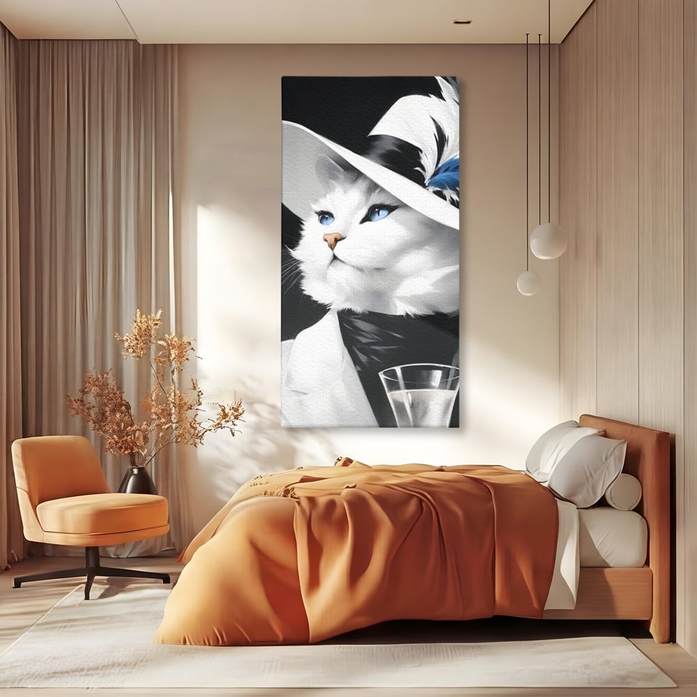 Tablou Canvas Premium, LuxCanva® M1202, Sampanie si Carisma,Palarie, Pene, Pahar, Sampanie, Pisica, Lux, Elegant, Felina, Aristocrat, Fashion, Diva, Glamour, Birou, Living, Camera Copil