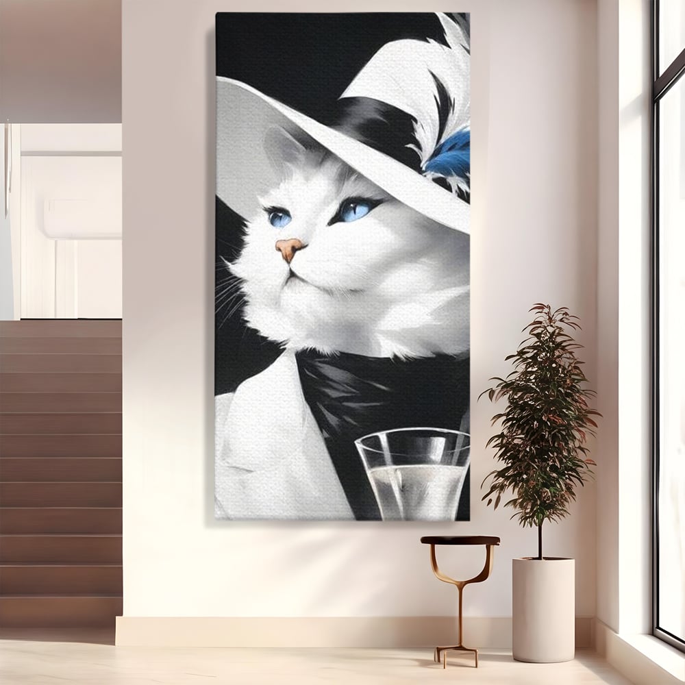 Tablou Canvas Premium, LuxCanva® M1202, Sampanie si Carisma,Palarie, Pene, Pahar, Sampanie, Pisica, Lux, Elegant, Felina, Aristocrat, Fashion, Diva, Glamour, Birou, Living, Camera Copil