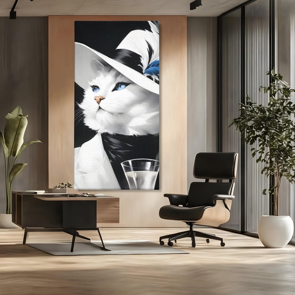 Tablou Canvas Premium, LuxCanva® M1202, Sampanie si Carisma,Palarie, Pene, Pahar, Sampanie, Pisica, Lux, Elegant, Felina, Aristocrat, Fashion, Diva, Glamour, Birou, Living, Camera Copil