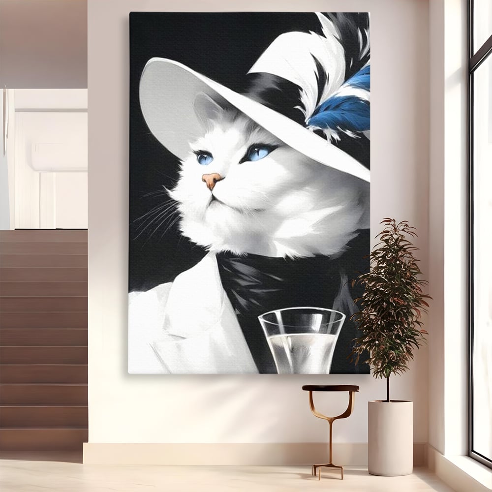 Tablou Canvas Premium, LuxCanva® M1202, Sampanie si Carisma,Palarie, Pene, Pahar, Sampanie, Pisica, Lux, Elegant, Felina, Aristocrat, Fashion, Diva, Glamour, Birou, Living, Camera Copil