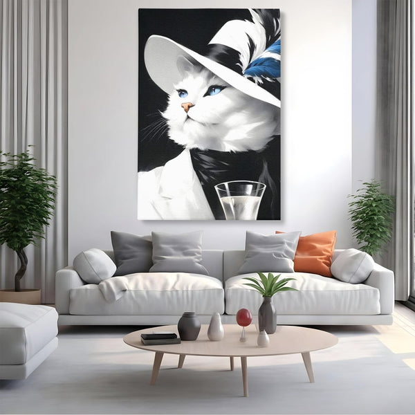 Tablou Canvas Premium, LuxCanva® M1202, Sampanie si Carisma,Palarie, Pene, Pahar, Sampanie, Pisica, Lux, Elegant, Felina, Aristocrat, Fashion, Diva, Glamour, Birou, Living, Camera Copil