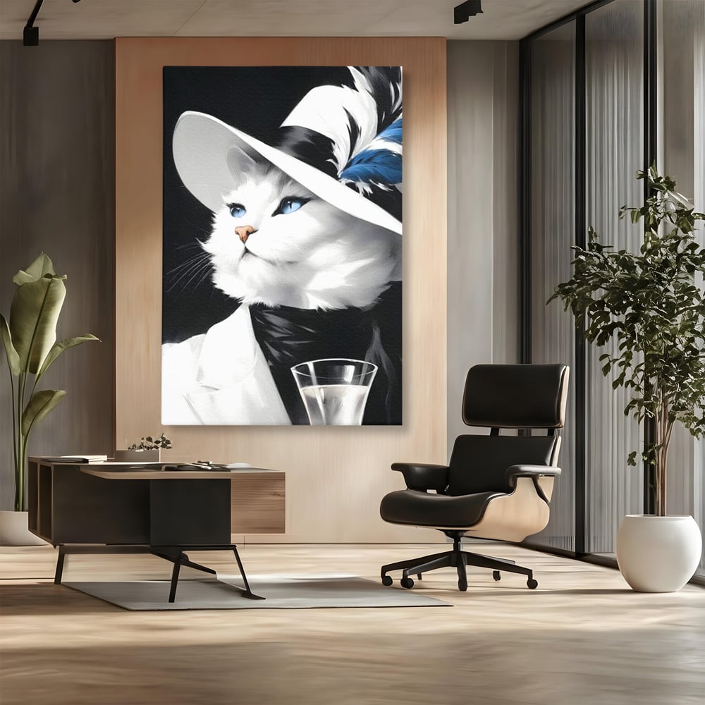 Tablou Canvas Premium, LuxCanva® M1202, Sampanie si Carisma,Palarie, Pene, Pahar, Sampanie, Pisica, Lux, Elegant, Felina, Aristocrat, Fashion, Diva, Glamour, Birou, Living, Camera Copil