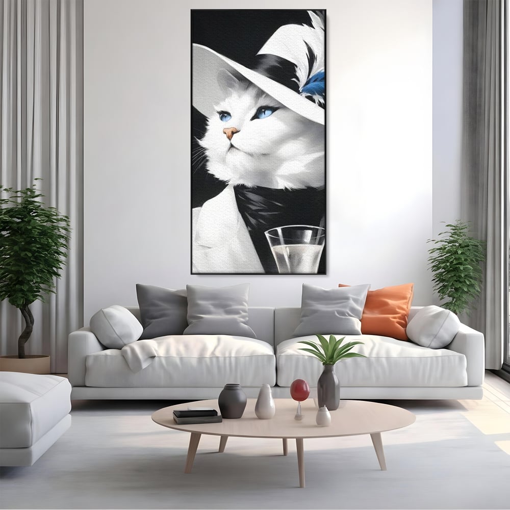 Tablou Canvas Premium, LuxCanva® M1202, Sampanie si Carisma,Palarie, Pene, Pahar, Sampanie, Pisica, Lux, Elegant, Felina, Aristocrat, Fashion, Diva, Glamour, Birou, Living, Camera Copil