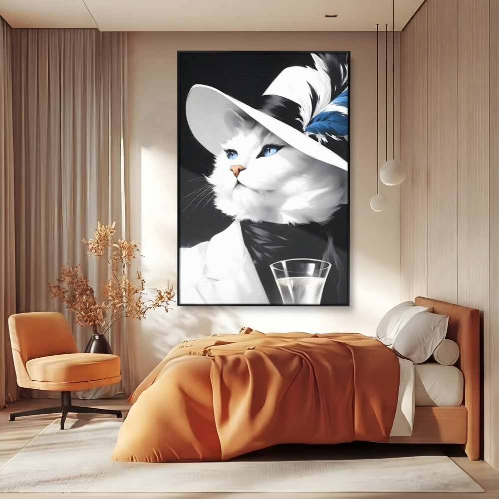 Tablou Canvas Premium, LuxCanva® M1202, Sampanie si Carisma,Palarie, Pene, Pahar, Sampanie, Pisica, Lux, Elegant, Felina, Aristocrat, Fashion, Diva, Glamour, Birou, Living, Camera Copil